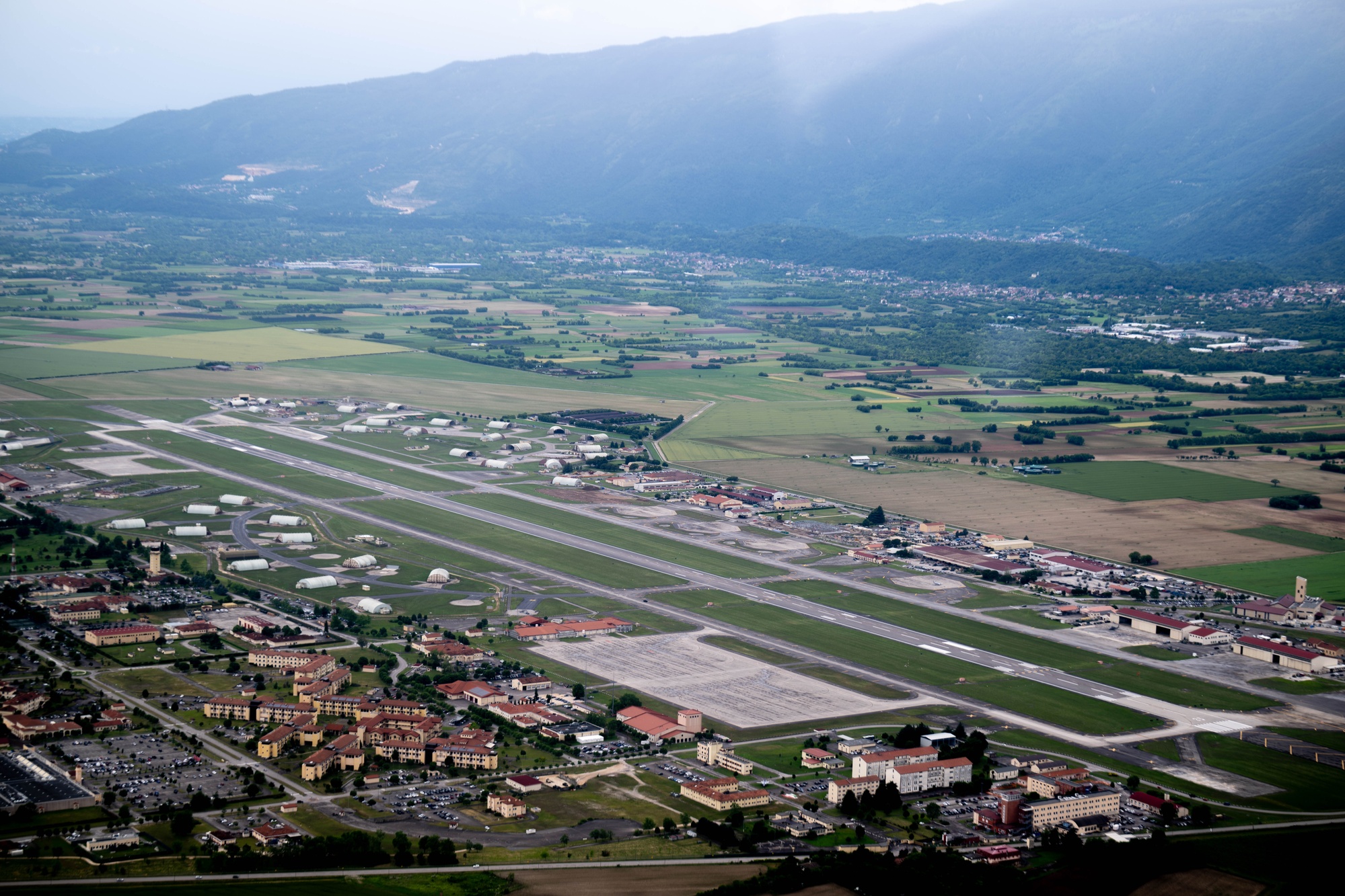 An aerial view of Aviano Air Base (2025).