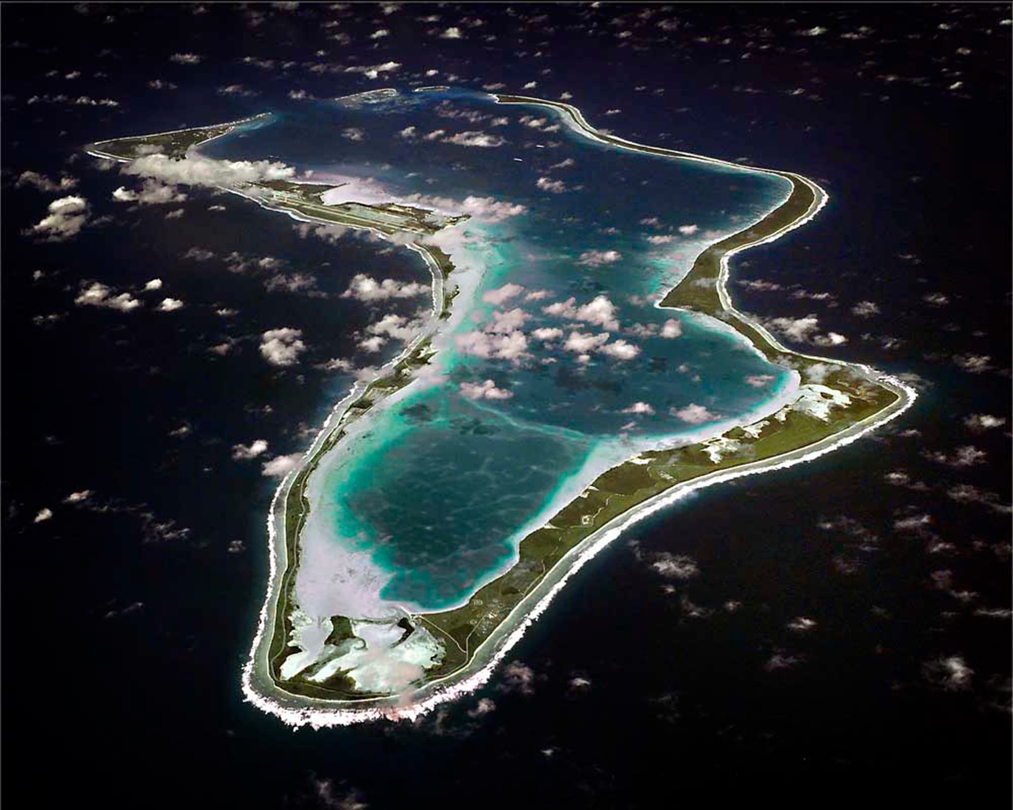 An aerial view of Diego Garcia (2013).