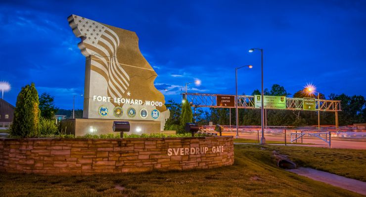 The illuminated Sverdrup Gate at Fort Leonard Wood, Missouri.