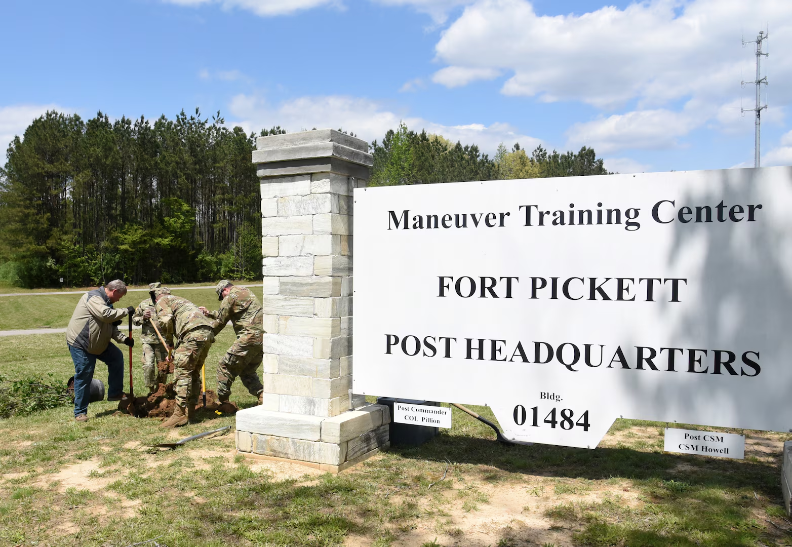 The Fort Pickett headquarters sign during an Earth Day tree planting (2021).