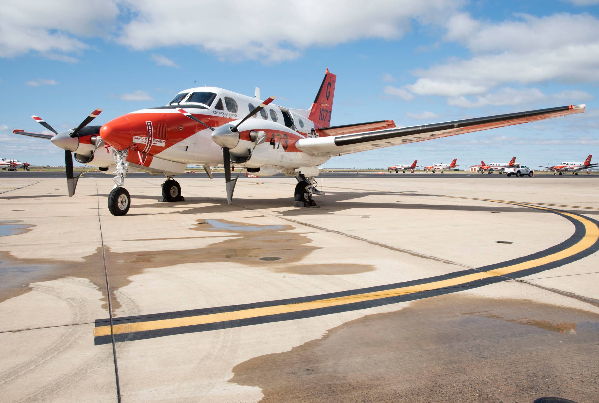 A T-44C Pegasus on the flight line at Naval Air Station Corpus Christi, Texas (2019).