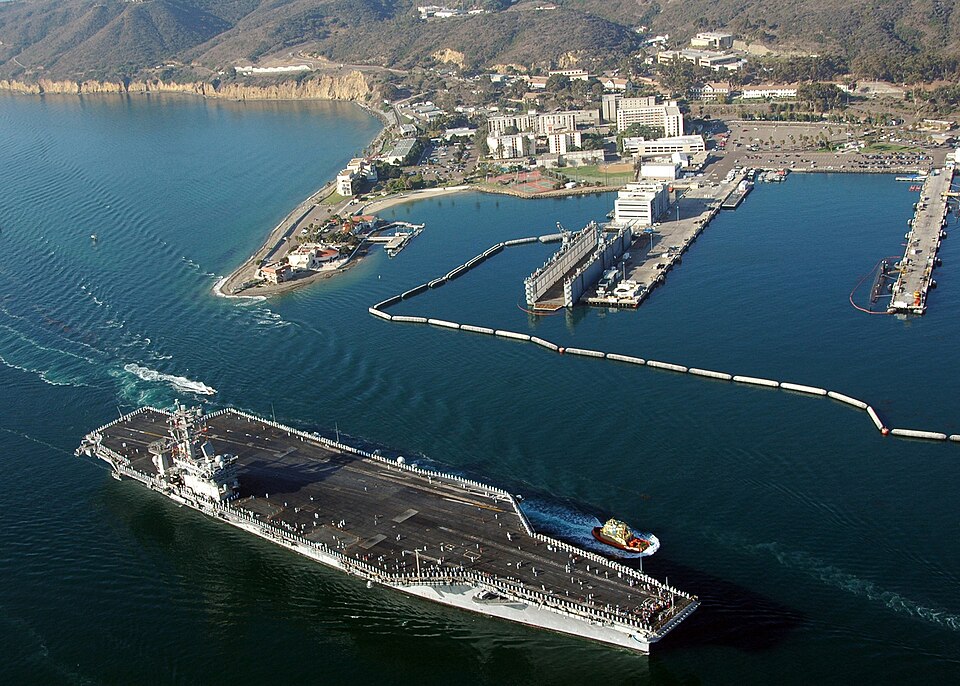 USS Nimitz passing Naval Base Point Loma (2007).