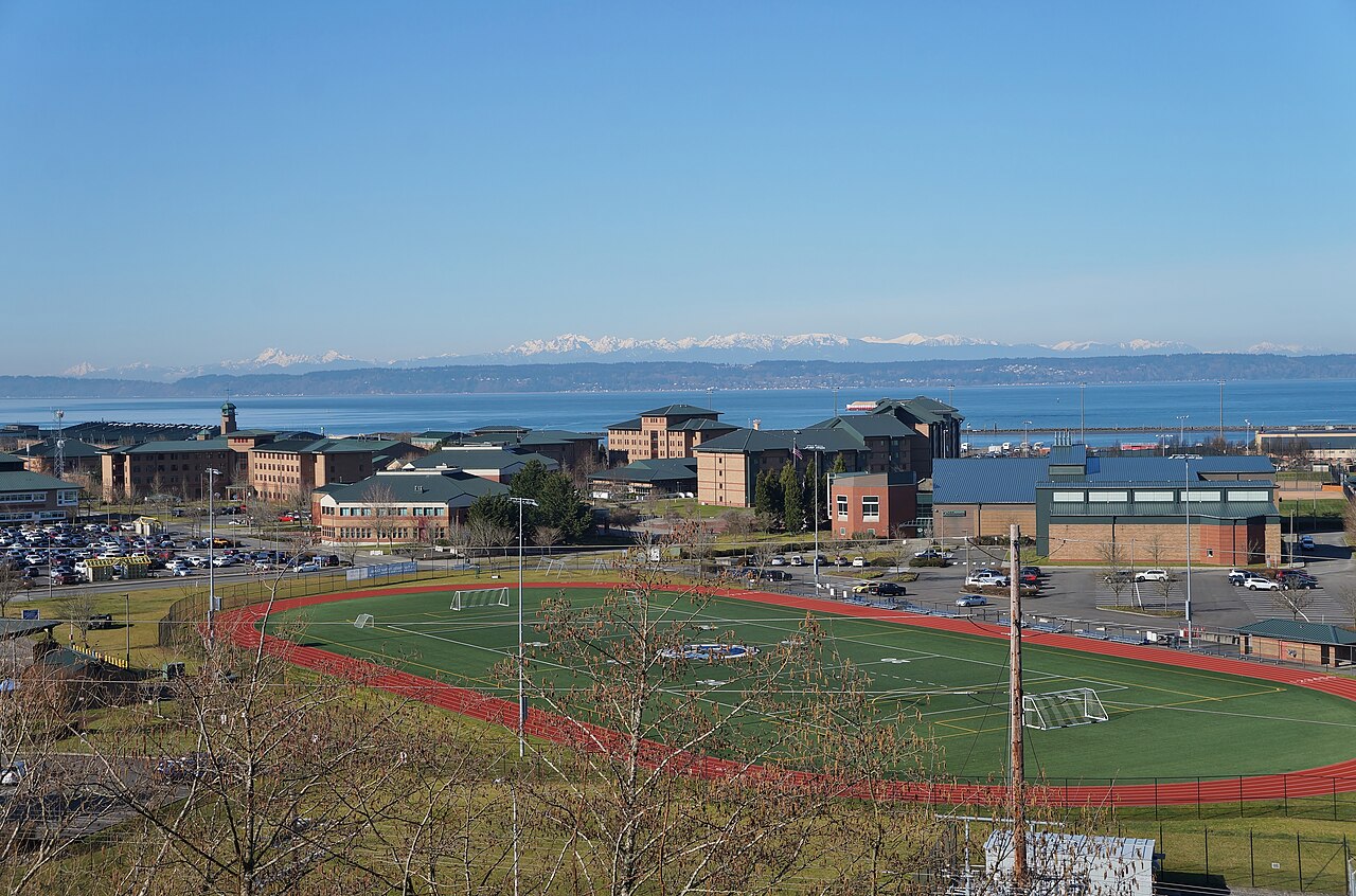 Naval Station Everett, Washington, viewed from Grand Avenue Park (2021).