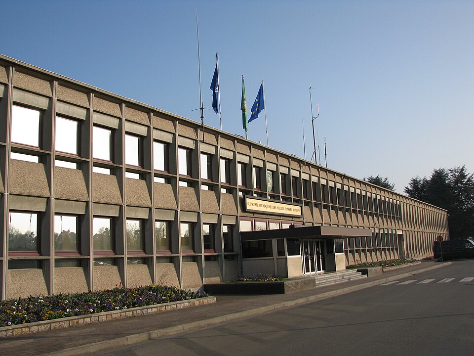 The main entrance at SHAPE headquarters in Mons, Belgium (2011).