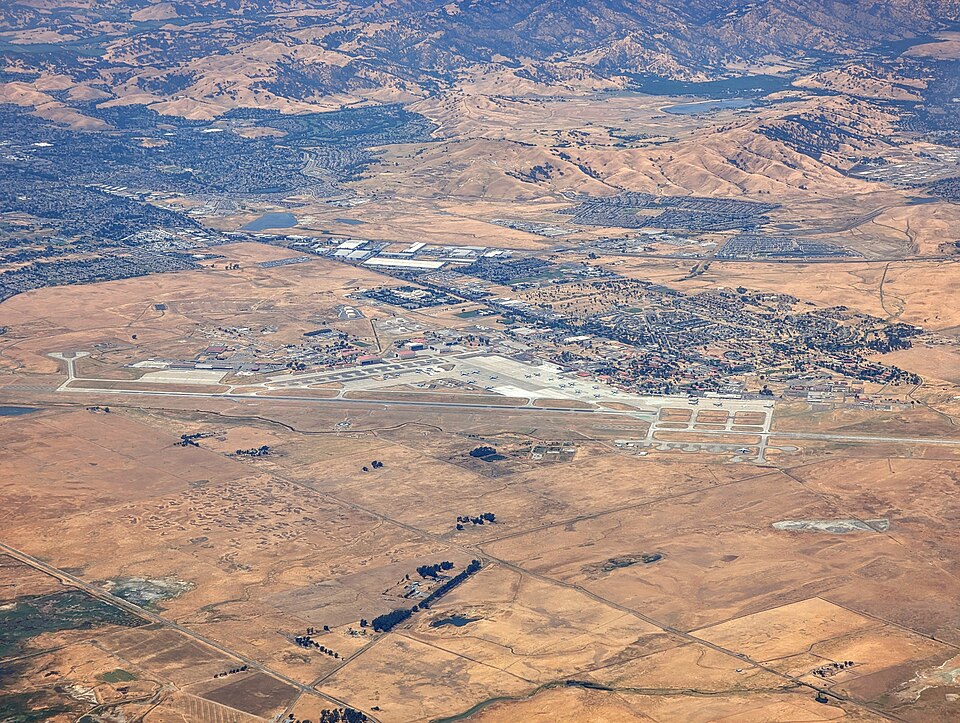 An aerial view of Travis Air Force Base (2023).