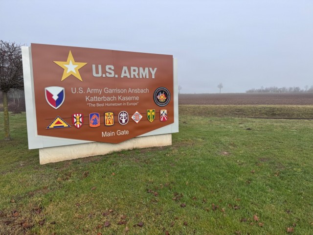 The main gate sign at Katterbach Kaserne, U.S. Army Garrison Ansbach.