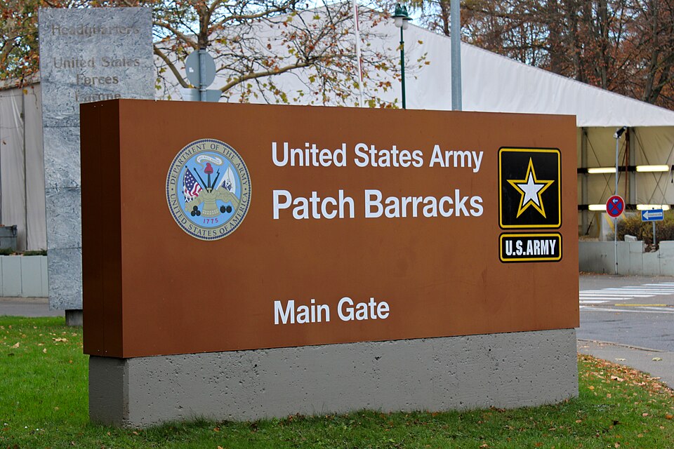 The main gate at Patch Barracks in Stuttgart, Germany (2018).