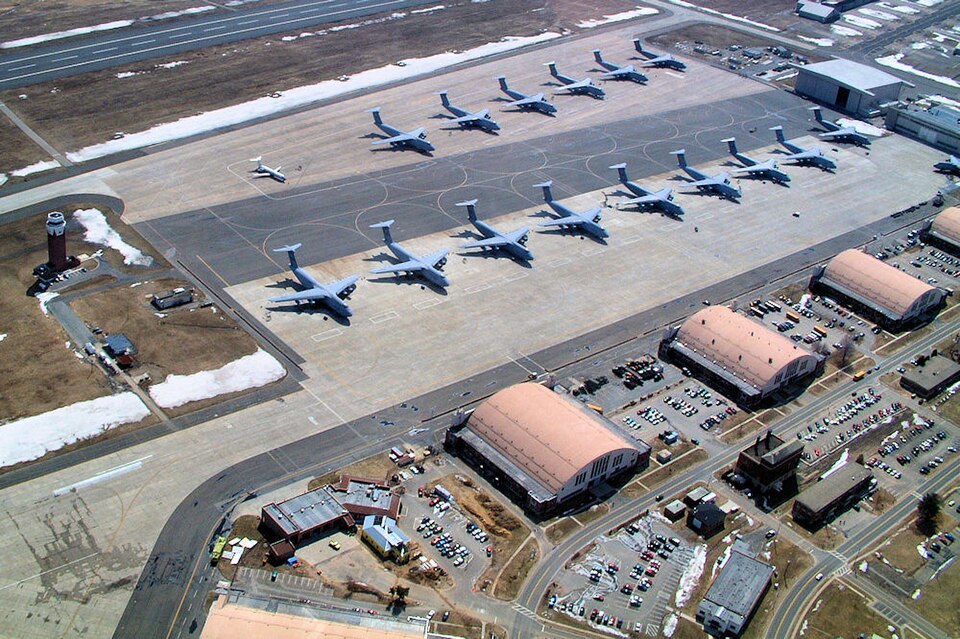 C-5 aircraft on the flight line at Westover Air Reserve Base.