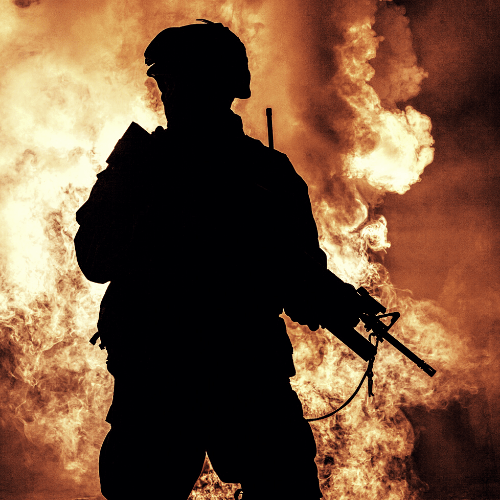 A soldier with a fiery background